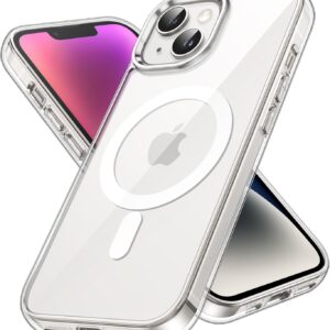 JETech Cover Magnetica per iPhone 14 6,1 Pollici Compatibile con MagSafe Ricarica Wireless, Telefono Custodia Antiurto, Retro Antigraffio Trasparente (Trasparente)