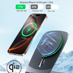 INIU Caricatore Wireless iPhone, Certificato Qi2 Caricabatterie Magnetico 15W Rapido, Stazione Ricarica Wireless Mag-Safe per iPhone 17 16 15 14 13 Pro Max Mini AirPods 4 3 2(con Adattatore USB C 20W)