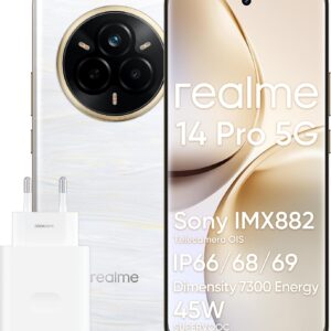 realme 14 Pro 5G Smartphone, 8 + 256GB, Cellulare, Design che Cambia Colore Sensibile al Freddo, IP69, 50 MP Sony IMX882 OIS Fotocamera, Display 120Hz, Batteria da 5260 mAh, Bianco(Con Adattatore)