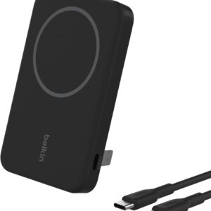 Belkin BoostCharge Pro Power Bank Magnetico 5000mAh con Qi2, caricabatterie portatile compatibile con MagSafe, supporto integrato, power bank wireless per iPhone 16, iPhone 15, 14 e altri, Nero