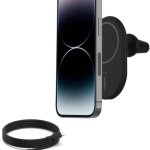 Belkin BoostCharge Supporto da auto magnetico per telefono, compatibile con MagSafe, iPhone 14/14 Plus, 13, 12, Pro, Max, mini, e altri (cavo e caricabatteria wireless inclusi)