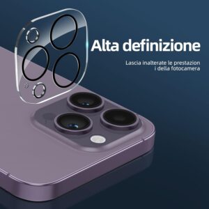 NEW’C 3 x Pellicola Vetro Temperato per iPhone 14 Pro Max (6,7 Pollici) e 3 x Pellicola Vetro Protettiva Fotocamera Posteriore + Tappo Antipolvere-Vetro Durezza 9H-Ultra resistente – Trasparente HD