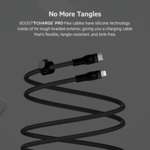 Belkin BoostCharge Pro Flex Cavo intrecciato da USB-C a Lightning (3 m), certificato MFi, ricarica rapida Power Delivery da 20 W, per iPhone 14/14 Plus, 13, 12, Pro, Max, mini, SE, iPad e altri – Nero