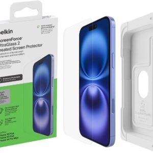 Belkin ScreenForce UltraGlass 2 Pellicola Vetro per iPhone 16 Plus, antigraffio, durezza di 9H, include un supporto di allineamento, pellicola protettiva per iPhone 16 Plus, iPhone 15 Plus, 14 Pro Max