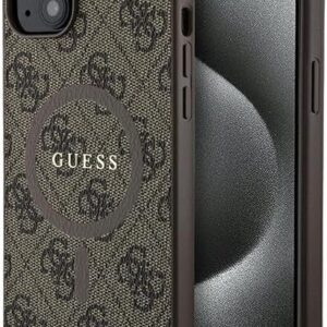 Guess GUHMP15MG4GFRW Custodia per iPhone 15 Plus / 14 Plus 6,7 Pollici Custodia Rigida Marrone Collezione 4G Pelle Logo in Metallo