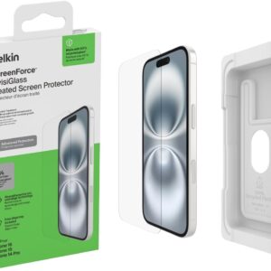 Belkin ScreenForce InvisiGlass Pellicola Protettiva per iPhone 16, antigraffio, pellicola resistente agli impatti, Easy Align per applicazione senza bolle, vetro riciclato per iPhone 16, 15, 14 Pro