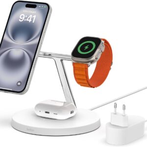 Belkin Caricabatterie wireless 3 in 1 con MagSafe, caricatore wireless rapida per iPhone (15 W) e per Apple Watch, stazione di ricarica per iPhone 15, 14, 13, 12, Apple Watch e AirPods – bianco
