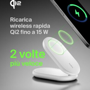 Belkin BoostCharge Caricabatteria wireless magnetico e pieghevole Qi2 da 15 W, caricatore rapido portatile compatibile con MagSafe e StandBy, per dispositivi Qi2, iPhone 16, 15, 14 13 e 12, bianco