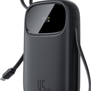 Baseus Powerbank 45W 20000mAh con 2 Cavi USB-C Integrati, Ricarica Rapida Power Bank PD3,0 QC4,0, 3 C 1 A, Caricatore Portatile per iPhone 16/15/14 Pro Max, iPad, Samsung, Nero