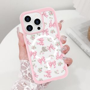 LCHULLE Cover Magnetica per iPhone 14 Pro Max Compatibile con MagSafe Custodia Trasparente Rosa Fiocco per Ragazze Donne Cover protettiva Magnetica Silicone Case per iPhone 14 Pro Max Fiocco rosa