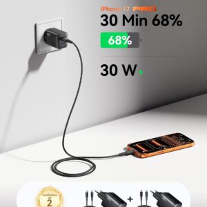 INIU 30W Caricatore USB C 2Pezzi con 60W Cavo, [USBC + USBA] 2-Porto Presa USB Caricatore portatile, USBC Caricabatterie Rapido con iPhone 17 16 Pro Max, iPad Air Pro, Samsung S25 S24 Ultra, Pixel usw