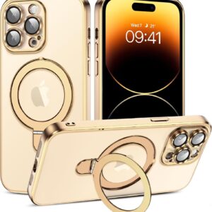 DOMAVER Trasparente per iPhone 14 Pro Max Custodia Magnetica con Supporto Invisibile, [Compatibile con MagSafe], Custodia trasparente con Cavalletto Regolabile iPhone 14 Pro Max Case, Oro