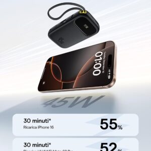 Baseus Powerbank 45W 20000mAh con 2 Cavi USB-C Integrati, Ricarica Rapida Power Bank PD3,0 QC4,0, 3 C 1 A, Caricatore Portatile per iPhone 16/15/14 Pro Max, iPad, Samsung, Nero