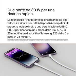 Belkin BoostCharge Doppio caricabatteria con PPS da 60 W per iPhone 16, 15, 14, iPad, Samsung Galaxy e Google Pixel, caricatore compatibile con cavi da USB-C a Lightning