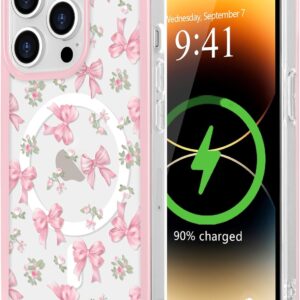 LCHULLE Cover Magnetica per iPhone 14 Pro Max Compatibile con MagSafe Custodia Trasparente Rosa Fiocco per Ragazze Donne Cover protettiva Magnetica Silicone Case per iPhone 14 Pro Max Fiocco rosa