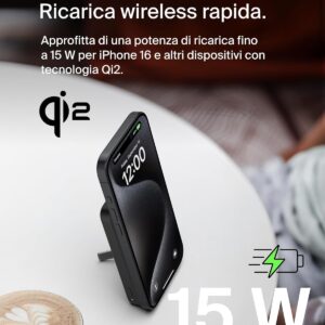 Belkin BoostCharge Pro Power Bank Magnetico 5000mAh con Qi2, caricabatterie portatile compatibile con MagSafe, supporto integrato, power bank wireless per iPhone 16, iPhone 15, 14 e altri, Nero