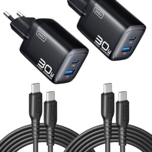 INIU 30W Caricatore USB C 2Pezzi con 60W Cavo, [USBC + USBA] 2-Porto Presa USB Caricatore portatile, USBC Caricabatterie Rapido con iPhone 17 16 Pro Max, iPad Air Pro, Samsung S25 S24 Ultra, Pixel usw