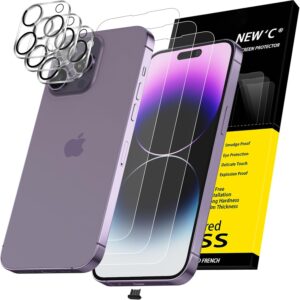 NEW’C 3 x Pellicola Vetro Temperato per iPhone 14 Pro Max (6,7 Pollici) e 3 x Pellicola Vetro Protettiva Fotocamera Posteriore + Tappo Antipolvere-Vetro Durezza 9H-Ultra resistente – Trasparente HD