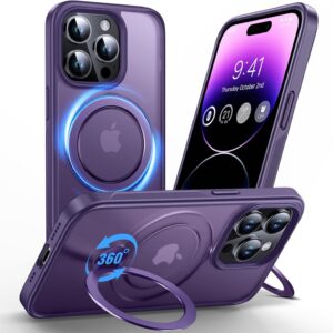 Anqrp Design per iPhone 14 Pro Custodia con supporto magnetico regolabile a 360°, compatibile con Mag, Custodia antiscivolo per iPhone 14 Pro protettiva robusta di grado militare, Viola