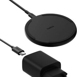 Belkin Pad di ricarica wireless (15 W), caricabatterie Qi per Apple iPhone 16, iPhone 15/14/13 serie, AirPods, Samsung Galaxy S25, Galaxy S24, Pixel – incl. alimentatore e cavo – Nero