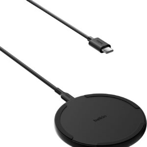 Belkin Pad di ricarica wireless (15 W), caricabatterie Qi per Apple iPhone 16, iPhone 15/14/13, AirPods, Samsung Galaxy S25, Galaxy S24, Pixel, incl. cavo da 1,5 m (senza alimentatore), nero