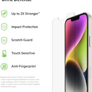 Belkin UltraGlass Proteggi schermo per iPhone 14, 13, 13 Pro, antimicrobico, applicazione facile senza bolle con supporto di allineamento incluso, collaudato per resistere a una durezza di 9H