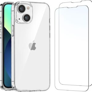 NEW’C Cover per iPhone 13 (6,1 Pollici) Gel TPU in silicone custodia ultra trasparente e 2 × vetro temperato per iPhone 13 (6,1 Pollici), Pellicola proteggi schermo