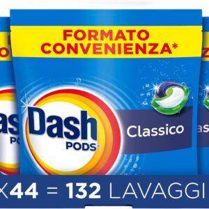 Dash Pods Detersivo Lavatrice In Capsule, 132 Lavaggi (3×44), Classico, Rimuove Le Macchie, Igienizza, Brillantezza Per I Capi
