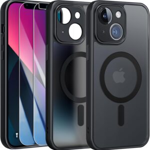 FLLAO Cover Magnetica per iPhone 13 Custodia e 2 Pellicole in Vetro Temperato, Compatibile con Magsafe, Traslucida Opaca Posteriore Sottile Antiurto Protettiva Case, Nero