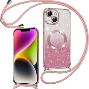 Phoona Cover Magnetica Glitter per iPhone 14 Plus con Cordino, [Compatibile con MagSafe], Brillantini Sottile Lucida TPU Silicone Custodia per iPhone 14 Plus Morbido Antiurto Cover, Rosa