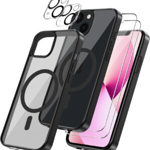 Cover per iPhone 13 Compatibile con 2 vetri temperati e 2 vetri per fotocamera, Translucent Matte Slim Back PC+TPU Bumper Shockproof Compatible Magnetic Cover per iPhone 13 – Nero