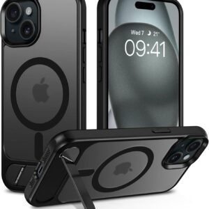 Telaso Cover magnetica per iPhone 15 Plus/14 Plus, 6,7 pollici, compatibile con MagSafe Charge Wireless, custodia traslucida opaca posteriore con cavalletto in metallo [3 modalità di supporto],nero