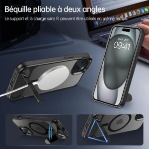 Telaso Cover magnetica per iPhone 15 Plus/14 Plus, 6,7 pollici, compatibile con MagSafe Charge Wireless, custodia traslucida opaca posteriore con cavalletto in metallo [3 modalità di supporto],nero