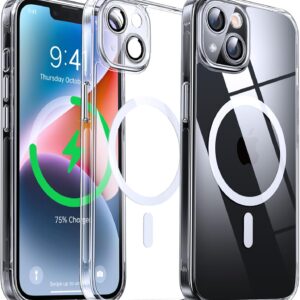 Cover Magnetica Trasparente per iPhone 14 – [con Pellicola di Protezione Fotocamera] [Antilngiallimento & Antiurto & Antigraffio] Custodia Rigida con Bordo in Silicone, 6,1″, Trasparente