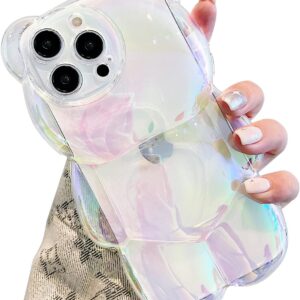 Custodia per telefono con orso compatibile con iPhone 14 Plus, graziosa custodia olografica 3D trasparente bianca, antiurto Kpop Cartoon Bear custodia per telefono per donne ragazze