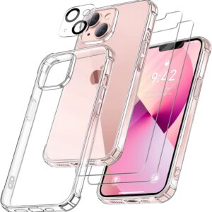 FLLAO 4 in 1 Cover per iPhone 13 Custodia con 2 Pellicola Vetro Temperato e 1 Fotocamera Protettiva, [Cuscino d’aria integrato] Antiurto Antigraffio Morbido TPU Bumper Protection Cover iPhone 13