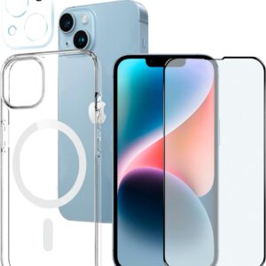 CoverStars – Cover per iPhone 14 – Iphone 13 MagSafe Compatibile, 6,1 Pollici, Custodia Trasparente Antiurto con Kit Protezione Schermo Opaco e Vetro Fotocamera, Ricarica Wireless per iPhone