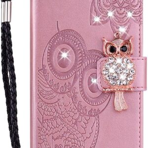 LEMAXELERS iPhone 13 6.1 Inch Custodia Cover Portafoglio,iPhone 13 Custodia rilievo Brillantini Diamond Gufo Wallet Shock-Absorption Magnetica Supporto Protettiva Leather Flip Cover,YK Owl Rose