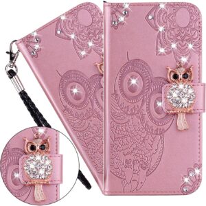 LEMAXELERS iPhone 13 6.1 Inch Custodia Cover Portafoglio,iPhone 13 Custodia rilievo Brillantini Diamond Gufo Wallet Shock-Absorption Magnetica Supporto Protettiva Leather Flip Cover,YK Owl Rose
