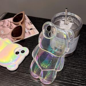 Custodia per telefono con orso compatibile con iPhone 14 Plus, graziosa custodia olografica 3D trasparente bianca, antiurto Kpop Cartoon Bear custodia per telefono per donne ragazze