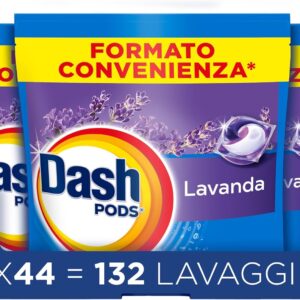 Dash Pods Detersivo In Capsule, 132 Lavaggi (3×44), Lavanda, Rimuove Le Macchie, Igienizza, Dona Freschezza, Brillantezza Per I Capi