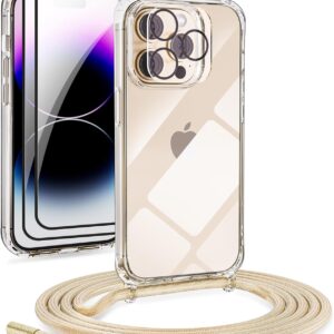 DiDaDi [5 in 1] 1*Catena Telefonica per iPhone 14 Pro Case con Cinturino + 1*Copertina Protettiva Trasparente+2*Film Protettivo per Schermo+1*Vetro Protettivo per Fotocamera (D’oro)