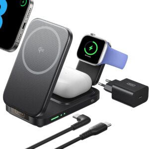 INIU 3 in 1 Caricatore Wireless iPhone, 15W Certificato Qi2 Caricabatterie Magnetico, Stazione Ricarica Wireless Mag-Safe Pieghevole per Apple Watch SE iPhone 17 16 15 14 13 12 AirPods(con Adattatore)